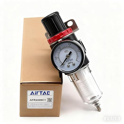 Compressed Air Low Pressure Filter Regulator Airtac AFR2000-C 1/4'' NPT 0-60 PSI Combo Piggybac Adjustable,Bracket,Gauge Semi-Auto Drain