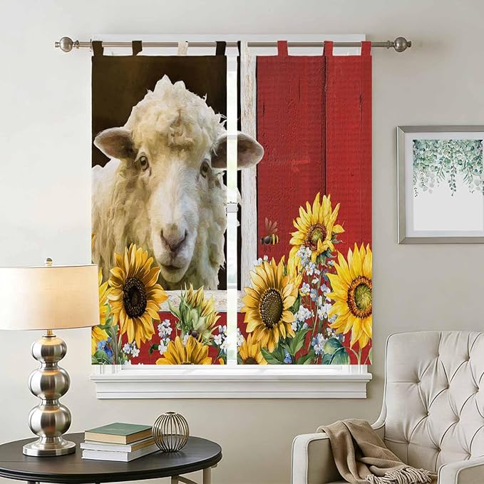 Sheep Flowers Bedroom Curtains 72 Inch Length, Window Curtains Tab Top, Country Red Barn Botanical Sunflowers Light Filtering Window Treatments Drapes 52"x72" 2 Panel