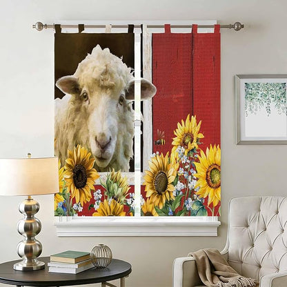 Sheep Flowers Bedroom Curtains 72 Inch Length, Window Curtains Tab Top, Country Red Barn Botanical Sunflowers Light Filtering Window Treatments Drapes 52"x72" 2 Panel
