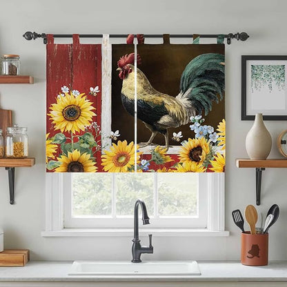 Chicken Sunflowers Bedroom Curtains 63 Inch Length, Window Curtains Tab Top, Farmhouse Animals Red Barn Bees Light Filtering Window Treatments Drapes 42"x63" 2 Panel