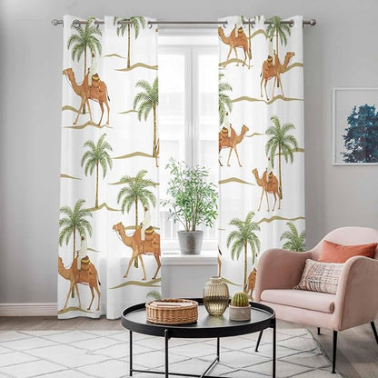 2 Panel Kitchen Cafe Curtains, Desert Camels Sunlight Filtering Nature Air Through, Home Decor Window Covering Tier Curtains for Bedroom Living Room 104W x 90L inch Tropical Date Palm Trees Animal