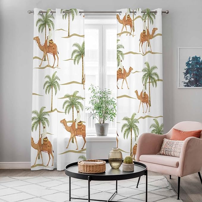 2 Panel Kitchen Cafe Curtains, Desert Camels Sunlight Filtering Nature Air Through, Home Decor Window Covering Tier Curtains for Bedroom Living Room 80W x 84L inch Tropical Date Palm Trees Animal