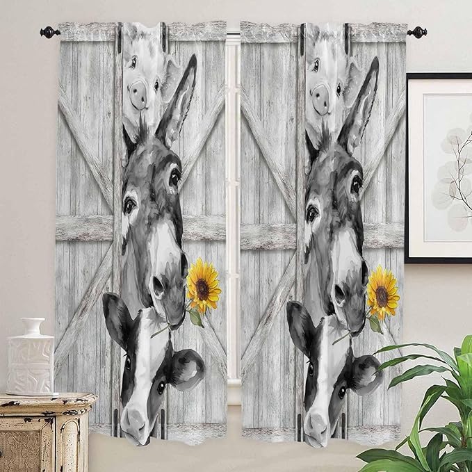 Grey Farmhouse Living Room Curtains 72 Inches Length, Vintage Sunflowers Animals Printed Window Treatment Curtain Drapes, Light Filtering Drapes for Bedroom Laundry Room, 52"x72", 2 Panels