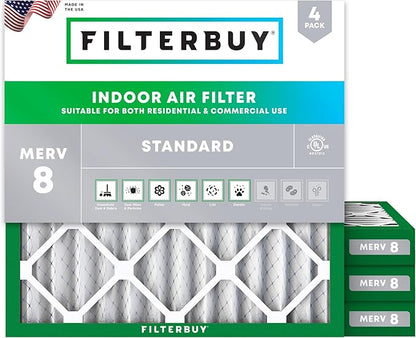 Filterbuy 18x18x2 Air Filter MERV 8 Essential Dust & Allergy Defense (4-Pack), Electrostatic Pleated HVAC AC Furnace Filters Replacement, Made in USA (Actual Size: 17.75 x 17.75 x 1.75)