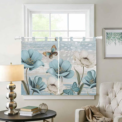 Spring Floral Kitchen Curtains 45 Inch Length, Short Cafe Window Curtains Tab Top, Vintage Tulips Flower Butterfly Retro Wood Blue Light Filtering Window Treatments Tier Drapes 27.5"x45" 2 Panel