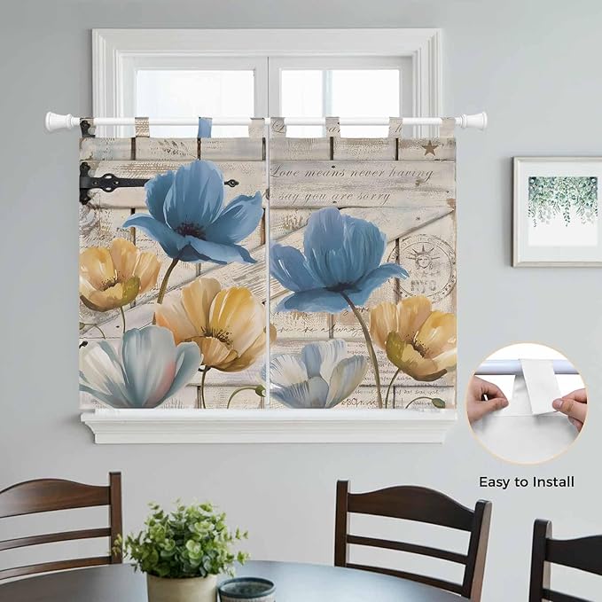 Blue Yellow Tulips Bedroom Curtains 63 Inch Length, Window Curtains Tab Top, Retro Farmhouse Flower Barn Doors Wooden Light Filtering Window Treatments Drapes 42"x63" 2 Panel