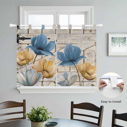 Blue Yellow Tulips Bedroom Curtains 63 Inch Length, Window Curtains Tab Top, Retro Farmhouse Flower Barn Doors Wooden Light Filtering Window Treatments Drapes 42"x63" 2 Panel