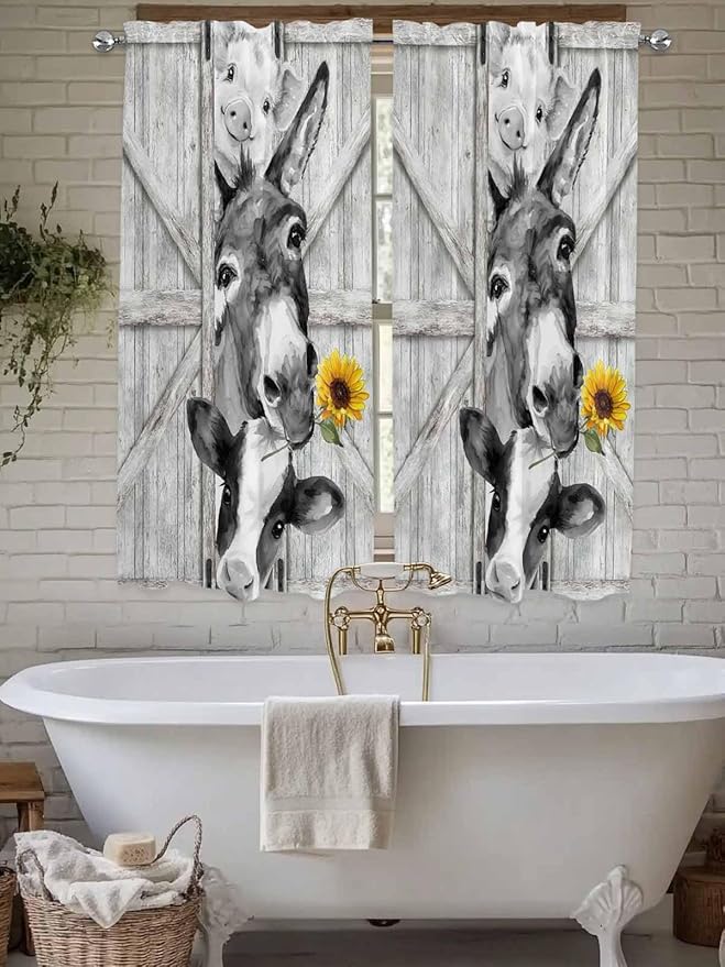 Grey Farmhouse Bedroom Curtains 63 Inches Length, Vintage Sunflowers Animals Printed Window Treatment Curtain Drapes, Rod Pocket Curtain Panels for Living Room Kitchen, 42"x63", 2 Panels