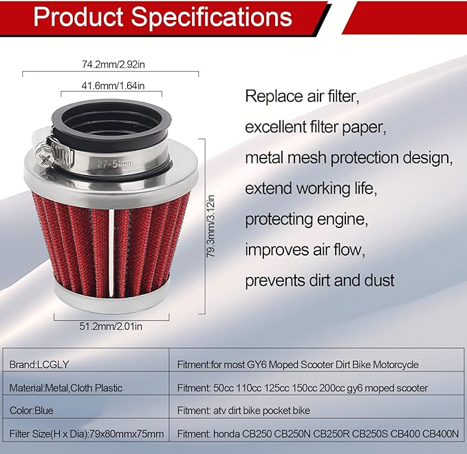 2PCS 42mm Universal Air Filter For GY6 125CC 150CC 200CC 250CC Dirt Bike ATV Quad Scooter Go Kart Compatible With Kawasaki Suzuki Yamaha PZ24 PZ30 Carburetor Moped Roketa Taotao for Motorcycle