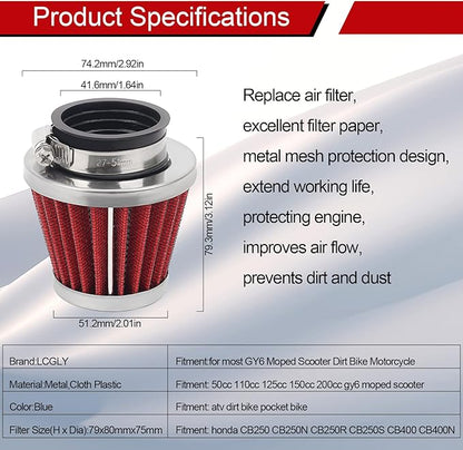 2PCS 42mm Universal Air Filter For GY6 125CC 150CC 200CC 250CC Dirt Bike ATV Quad Scooter Go Kart Compatible With Kawasaki Suzuki Yamaha PZ24 PZ30 Carburetor Moped Roketa Taotao for Motorcycle