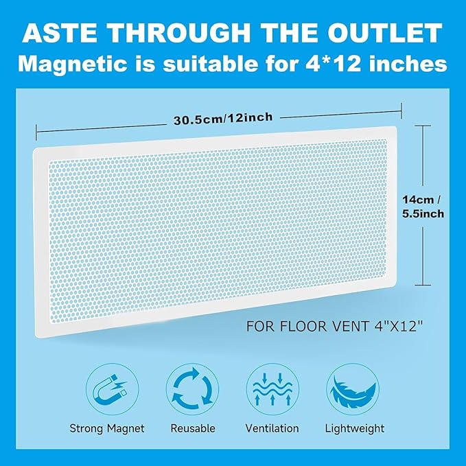 4 PCS White Magnetic Vent Covers - 5.5"x12" Magnetic Air Vent Screen - for Floor/Wall/Ceiling Registers - Easy Install, Secure Fit - Durable(Fits Registers 5.5" to 6.5" Wx 12" to13" L)