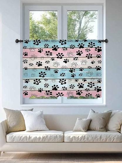Sheer Curtains 54 Inch Length, Blue Pink Dog Paws Prints Semi Sheer Curtains Light Filtering Window Treatment, Farmhouse Beige Wood Privacy Voile Drapes for Living Room Bedroom 52x54 Inch