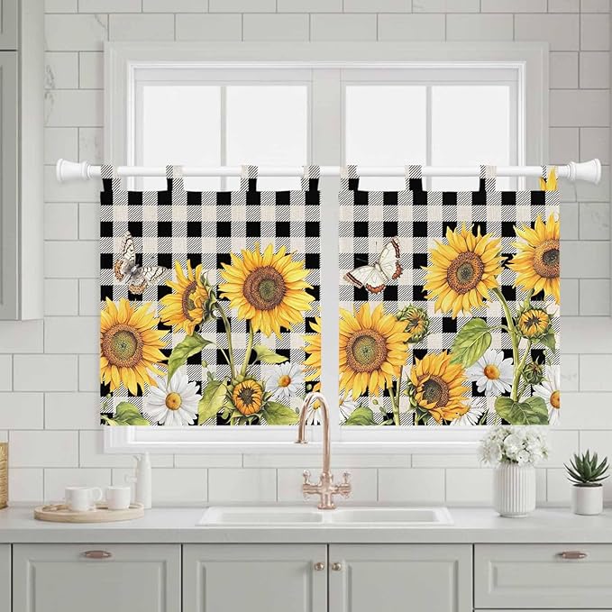 Sunflowers Kitchen Curtains 36 Inch Length, Small Window Curtains Tab Top, Yellow Flowers Butterfly Farmhouse Black Plaid Light Filtering Short Window Treatments Tier Drapes 27.5"x36" 2 Panel