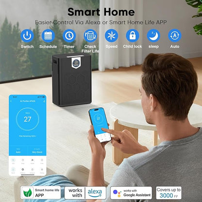 DAYETTE Smart Air Purifiers for Home Large Room, H14 Air Purifier with Washable Filters Up to 3000 Ft², APP & Voice Control & 22 dB Sleep Mode for Bedroom Living Room, Black