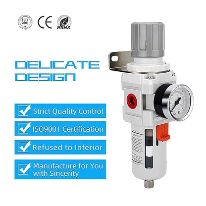 NANPU 3/8" NPT Compressed Air Filter Regulator Combo Piggyback, Semi-Auto Drain, 5 Micron Brass Element, Poly Bowl, Metal Bracket, 0-150 psi Gauge