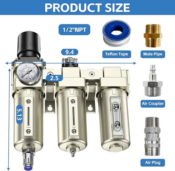 1/2" NPT 3 Stage Air Drying System,Heavy Duty Industrial Grade Air Compressor Water Separator System,Filter Oil Water Separator Dryer for Plasma Cutter and Paint Spray,0-240 PSI,Auto Drain