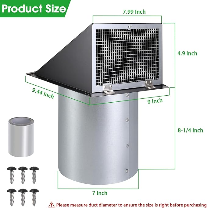 7 Inch Hooded Wall Vent with Mesh and Damper, 7'' Exhaust Vent Cover Cap for Kitchen Range Hood/Dryer/Laundry/Bathroom Exhaust Fan,Outside Wall Vent Hood Exterior Duct Vent Cap-Galvanized Steel,Black