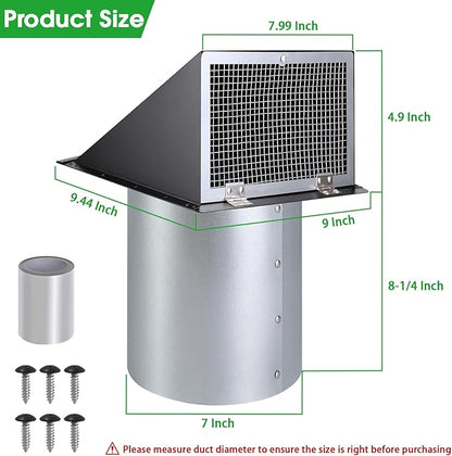 7 Inch Hooded Wall Vent with Mesh and Damper, 7'' Exhaust Vent Cover Cap for Kitchen Range Hood/Dryer/Laundry/Bathroom Exhaust Fan,Outside Wall Vent Hood Exterior Duct Vent Cap-Galvanized Steel,Black
