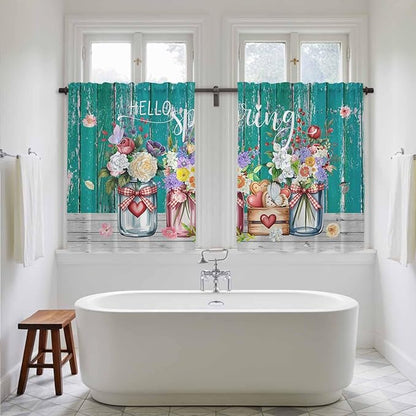 Spring Flowers Tier Curtains, Farmhouse Watercolor Teal Wood Grain Light Filtering Kitchen Curtains, 2Pcs Rod Pocket Half Window Treatments Panels for Sink Cafe Cabinet Basement 27.5x45 Inches