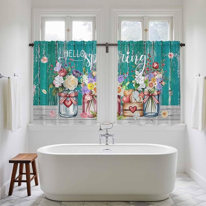 Spring Flowers Kitchen Curtains, Farmhouse Watercolor Teal Wood Grain Light Filtering Window Curtain Panels, 2Pcs Rod Pocket Window Treatments Set for Study Room Bathroom Bedroom 52x54 Inches