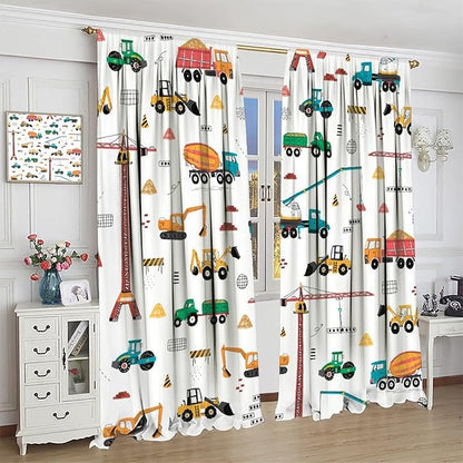 Construction Window Curtains, Kids Cartoon Construction Machines Building Hand Drawn Doodle Rod Pocket Decorative Windows Curtain for Children Teens Room Decor 42x63in (30% Blackout)