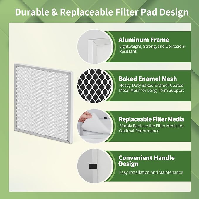 20x20x1 Reusable Air Filter MERV 8 Washable Furnace & AC Filter with 2 Extra Media Pads, Aluminum Electrostatic Air Filters for Home, Fits HVAC System, Air Conditioner, Air Handler