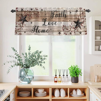Kitchen Curtains Tiers and Valance Set of 3, Rustic Star Brown Light Filtering Window Curtain Set, Vintage Plants Berry Wooden Grain Rod Pocket Curtain Drapes for Cafe, Living Room, 36 Inches Tiers