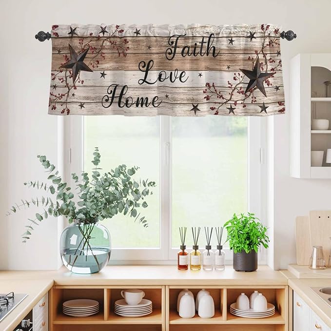 Kitchen Curtains Tiers and Valance Set of 3, Rustic Star Brown Light Filtering Window Curtain Set, Vintage Plants Berry Wooden Grain Rod Pocket Curtain Drapes for Cafe, Living Room, 24 Inches Tiers