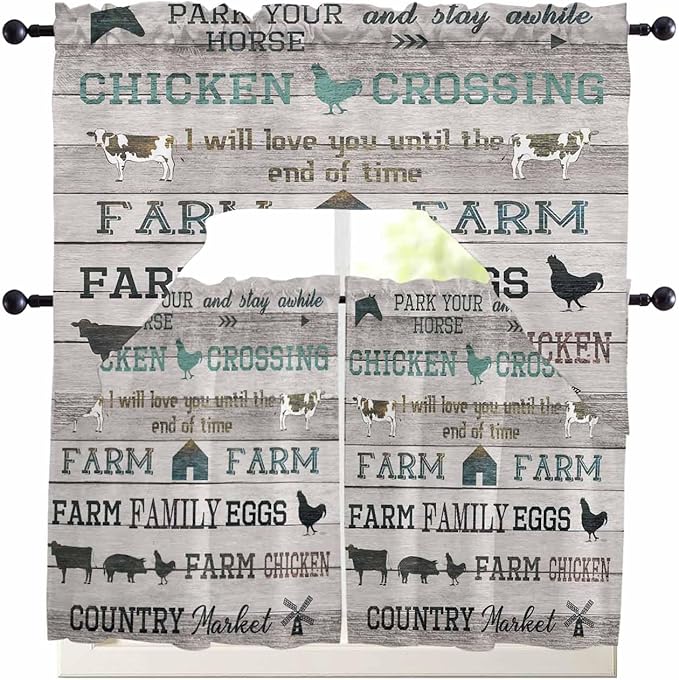 Farmhouse Swag Kitchen Curtains Valance and Tier Set, Green Black Barn Cow Pig Chicken Brown Wood Grain Light-Filtering Swag Valance 36 Inch Length, Rod Pocket Short Curtain for Bedroom Cafe