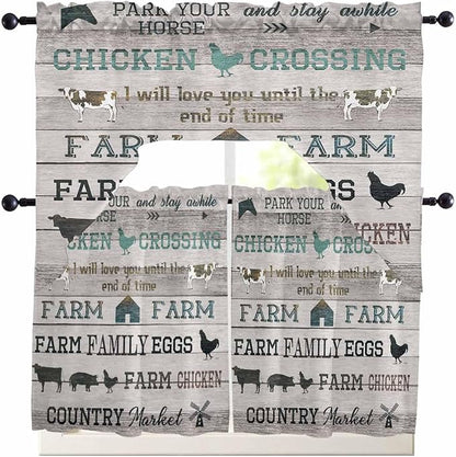 Farmhouse Swag Kitchen Curtains Valance and Tier Set, Green Black Barn Cow Pig Chicken Brown Wood Grain Light-Filtering Swag Valance 36 Inch Length, Rod Pocket Short Curtain for Bedroom Cafe