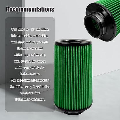 RYANSTAR RACING 76mm 3" High Flow Round Tapered Cone Cool Air Filter Cleaner with Top Filter Design Long 270mm tall Green