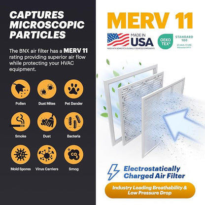 BNX TruFilter 16x16x1 Air Filter MERV 11 (6-Pack) - MADE IN USA - Allergen Defense Electrostatic Pleated Air Conditioner HVAC AC Furnace Filters for Allergies, Dust, Pet, Smoke, Allergy MPR 1200 FPR 7