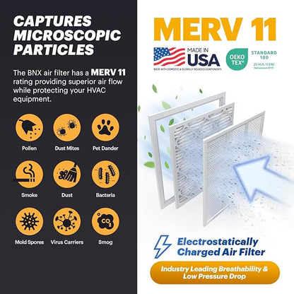 BNX TruFilter 16x25x2 Air Filter MERV 11 (4-Pack) - MADE IN USA - Allergen Defense Electrostatic Pleated Air Conditioner HVAC AC Furnace Filters for Allergies, Dust, Pet, Smoke, Allergy MPR 1200 FPR 7