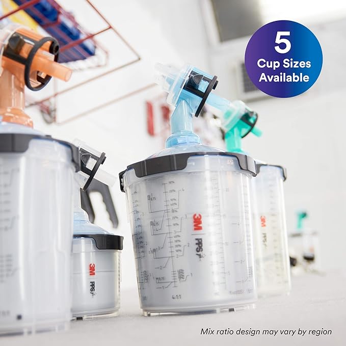 3M PPS 2.0 Spray Gun Cup, Lids and Liners Kit, 26112, Midi, 13.5 Ounces, 200-Micron Filter, Use for Cars, Furniture, House and More, 1 Paint Cup, 50 Disposable Lids and Liners, 32 Sealing Plugs