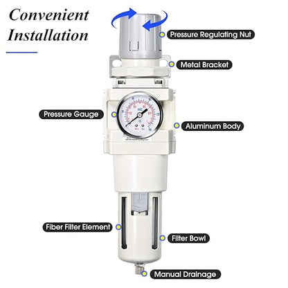 TAILONZ PNEUMATIC 3/4 Inch NPT Manual Drainage Air Filter Pressure Regulator Combo Piggyback, Air Tool Compressor Filter with Gauge AW4000-06