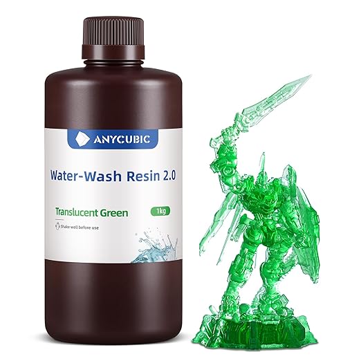 ANYCUBIC Water Washable 3D Printer Resin 2.0, 405nm High Precision 3D Resin, Low Shrinkage Photopolymer Resin for 4K/8K/12K Capable LCD DLP Resin 3D Printer (Clear Green, 1000g)