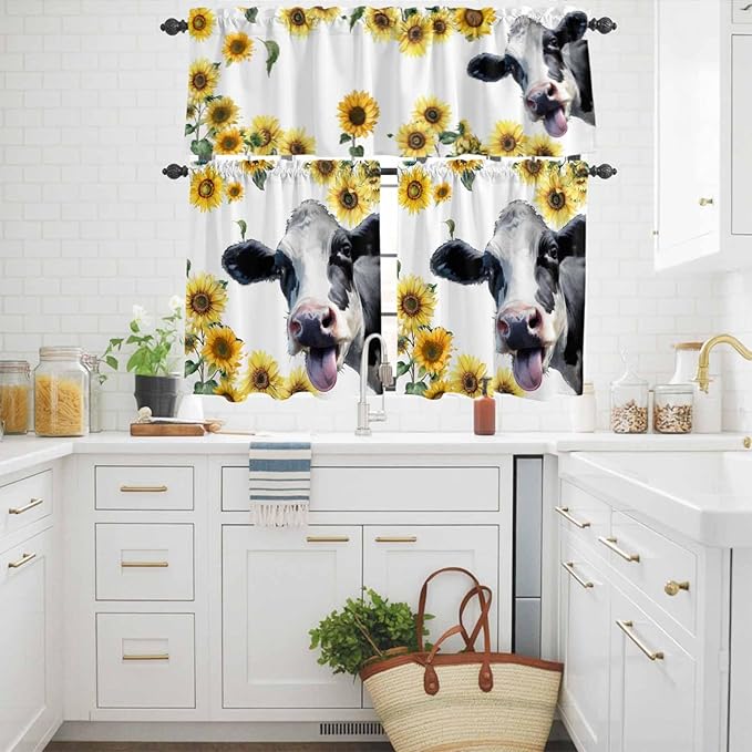 Kitchen Curtains Tiers and Valance Set of 3, Cow Sunflowers Light Filtering Window Curtain Set, Spring Botanical Floral Flowers Animals Rod Pocket Curtain Drapes for Cafe, Living Room, 24 Inches Tiers