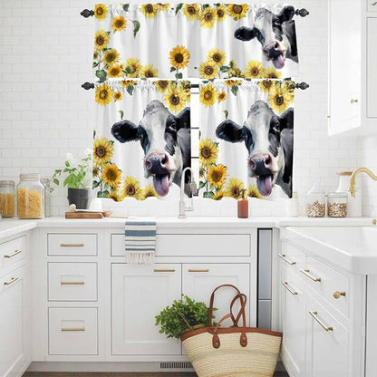 Kitchen Curtains Tiers and Valance Set of 3, Cow Sunflowers Light Filtering Window Curtain Set, Spring Botanical Floral Flowers Animals Rod Pocket Curtain Drapes for Cafe, Living Room, 36 Inches Tiers