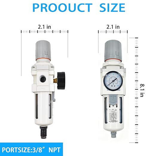 XingNEeng 3/8" NPT Compressed Air Filter Regulator Combo Piggyback, Water/Oil Trap Separator with Pressure Gauge(0-150 psi), Semi-Auto Drain, Poly Bowl, 5 Micron Brass Element, Metal Bracket