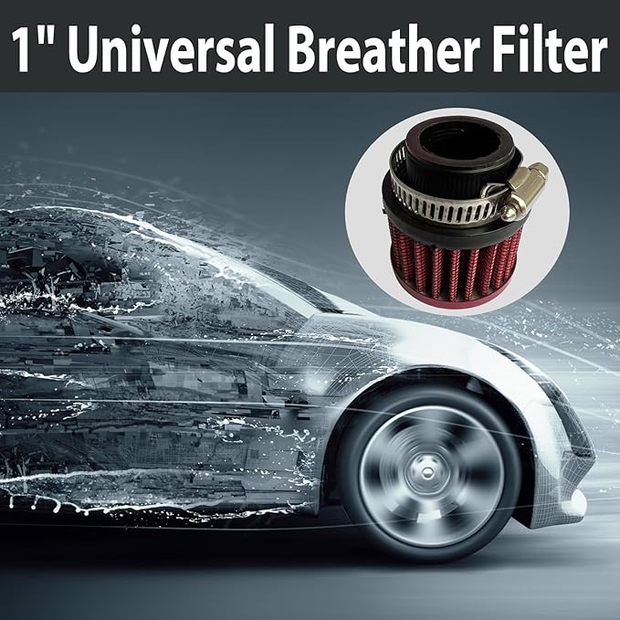 25mm Universal Air Intake Filter, 1" Intake Cold Air Filter, Auto Breathe Filter Vent Crankcase Cleaner with Adjustable Clamp-On Breather, Fits Car Motorcycle (Red)