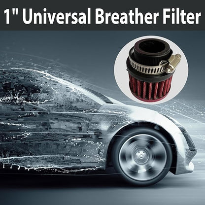 25mm Universal Air Intake Filter, 1" Intake Cold Air Filter, Auto Breathe Filter Vent Crankcase Cleaner with Adjustable Clamp-On Breather, Fits Car Motorcycle (Red)