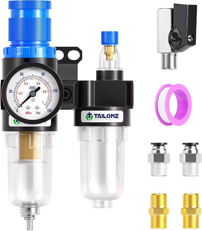 TAILONZ PNEUMATIC 1/4 Inch NPT AFC2000 Air Filter Pressure Regulator Kit（0-145 Psi）5 Micron Brass Element Air Tool Compressor Filter with Gauge and Lubricator Cup