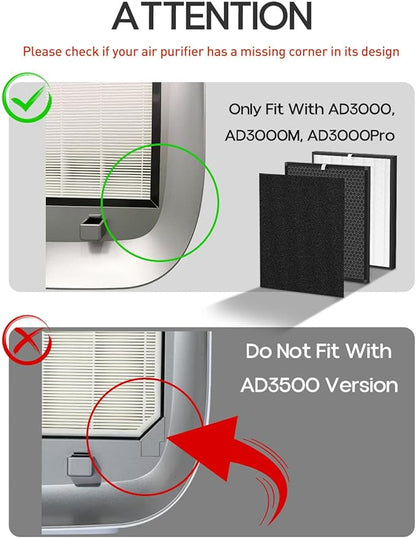 Replacement Filter Compatible with Air Doctor AD3000 AD3000M AD3000Pro Air Cleaner Puri-Fier, Not for AD3500 Version, Include 1 Premium Filter + 1 Carbon Filter + 4 Pre-Filters