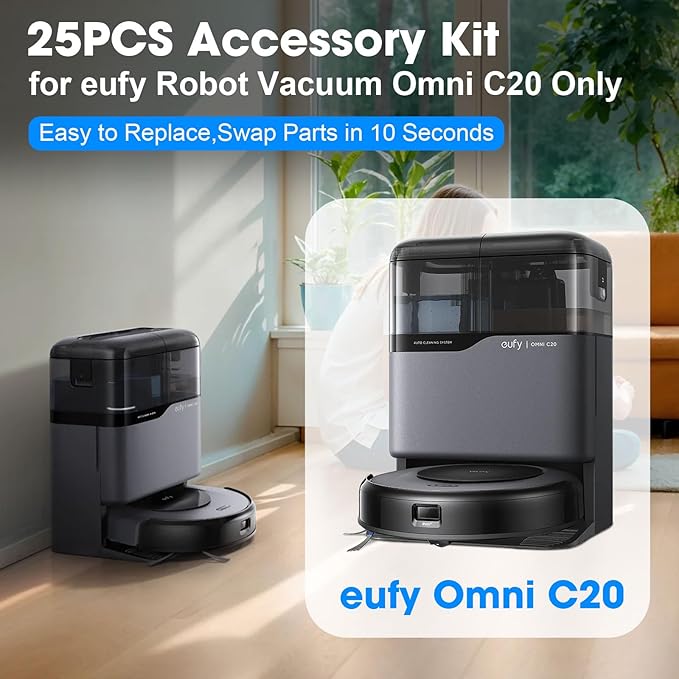 25PCS C20 Replacement Parts for eufy Omni C20 Vacuum Cleaner Includes Main Brush, Mop Pads, HEPA Filters, Dust Bags, Side Brushes High-Performance Compatible with eufy Robot Vacuum Cleaner