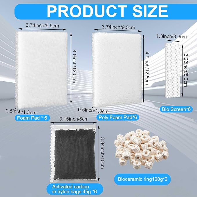 26 Pcs Aquarium Filter Media Kit Compatible with Fluval C2 (30 Gal) Power Filter, 6 White Foam Sponge Pad, 6 Poly Foam Pads, 6 Bio-Screen, 6 Activated Carbon, 2 Pack 3.5 oz/100g Ceramic Ring