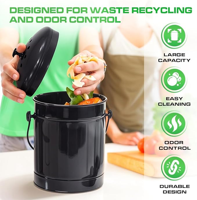 Plexon Black Metal Compost Bin with Airflow Lid and Charcoal Filter, 1.5 Gallon, Compost Pail for Kitchen Countertop