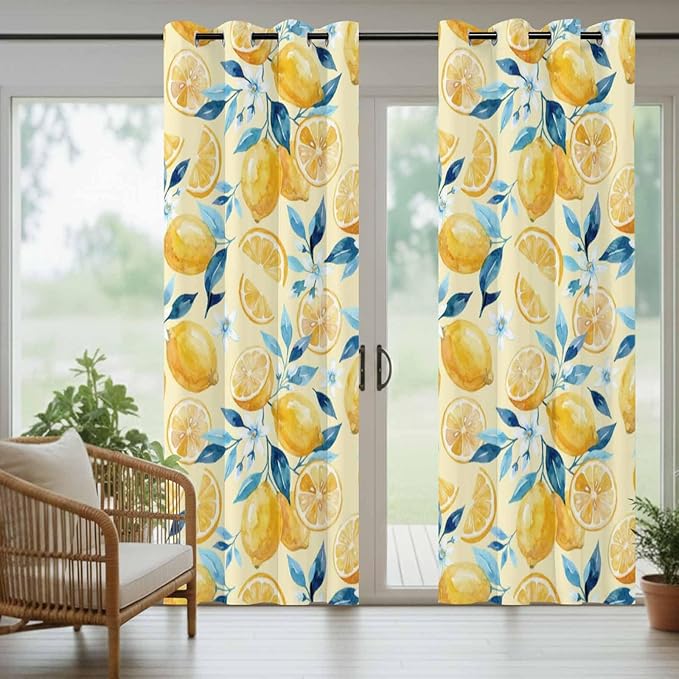 Lemon Outdoor Curtains for Patio Lemon Leaves Summer Plants Begin Waterproof Outside Curtains with Grommet Top Weatherproof Curtain for Cabana Pergola Gazebo, 1 Panel, 54" W x 108" L