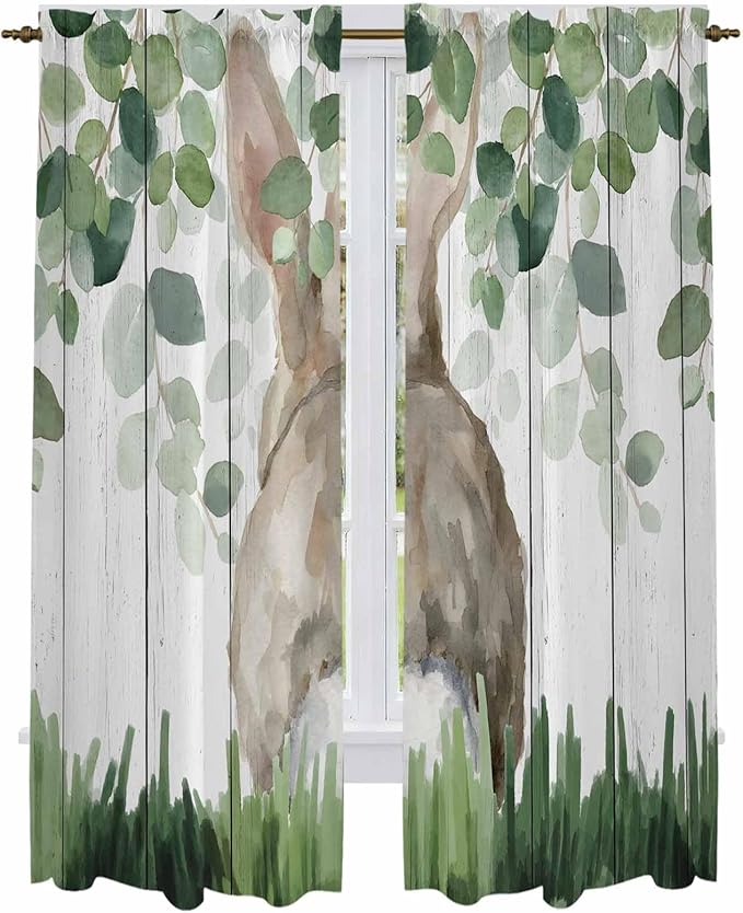 Easter Kitchen Curtains, Country Rabbit Botanical Leaves Wooden Grain Light Filtering Window Curtain Panels, 2Pcs Rod Pocket Window Treatments Set for Living Room Bathroom Bedroom 52x72 Inches