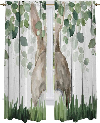 Easter Kitchen Curtains, Country Rabbit Botanical Leaves Wooden Grain Light Filtering Window Curtain Panels, 2Pcs Rod Pocket Window Treatments Set for Living Room Bathroom Bedroom 52x72 Inches