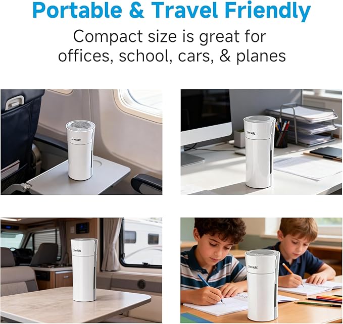 Home & Car HEPA Air Purifier USB-C Charging, Ultra-Quiet 22dB, Compact Design, Night Light, 360° Outlet, Suitable for Car Interiors, Desks, Dorms & Pet Crates
